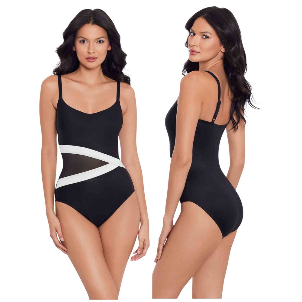 Miraclesuit NWT Lyra One Piece Swimsuit Black White Size 6 Underwire Mesh Panel